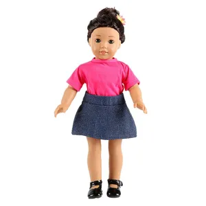 18 inch doll outfit detail showing pink t-shirt, denim skirt and black shoes for dress up.