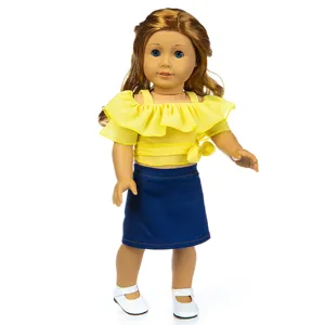 Detailed view of 18 inch doll outfit featuring yellow ruffle top and blue denim skirt.