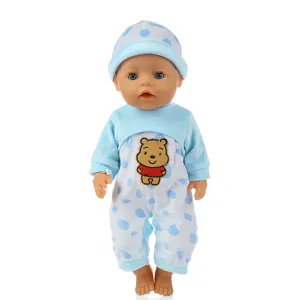 45cm carino cartone animato orso vinile bambola vestiti blu pois cappello body