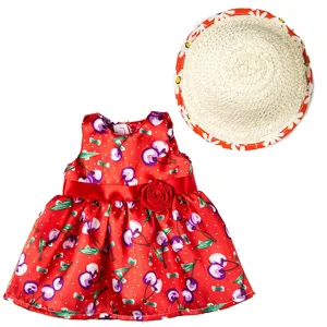 Charming 18-inch doll summer dress and matching hat set featuring a vibrant red cherry pattern.