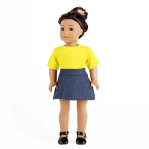 Close up details of the 18 inch doll clothing set with yellow top and denim skirt item.