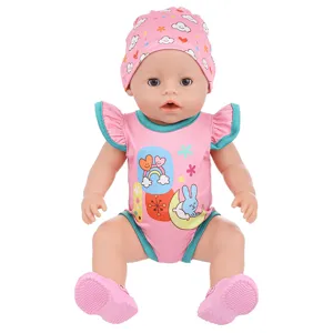 Detailed view of cute summer doll romper set with hat and shoes, perfect for 43cm dolls.
