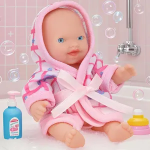 Cute 5.5 inch baby doll wearing a pink plaid bathrobe in a lovely bathtub scene for girls.