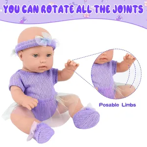 12-inch realistic reborn baby doll with posable limbs, purple knitted outfit and matching headband.