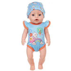 Cute 43cm baby doll summer outfit with blue cat print romper and matching cap for toys.
