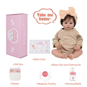 45cm reborn baby doll set with gift box, clothes, pacifier, bottle, and birth card.