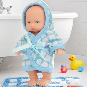 5.5 inch cute baby doll wearing a blue plaid hooded bathrobe, detailed toy figure for girls.
