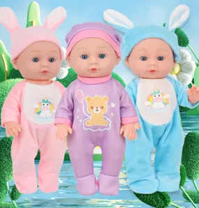Vinyl baby doll set with cute rabbit ear hats and rompers, perfect for kids pretend play.