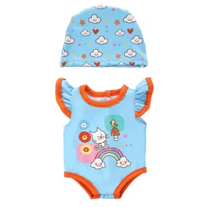 Cute 43cm doll summer outfit set featuring a blue ruffle romper and matching cloud print cap.