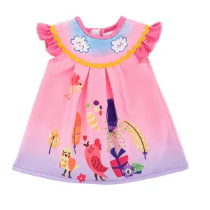 Detailed view of cute 43cm doll summer dress with lovely cartoon bird prints and ruffles.
