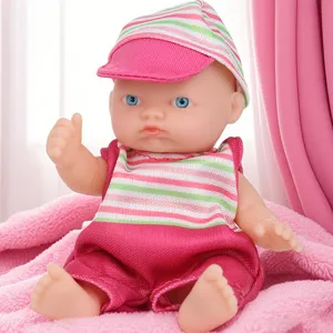 Cute vinyl baby doll wearing striped hat and romper, realistic reborn toy gift for girls.