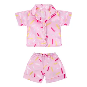 Pink sprinkle print doll pajama set, short sleeve top and shorts for 18 inch dolls and toys.