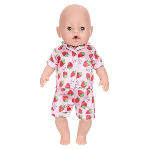 Cute pink strawberry print doll pajamas set, short sleeve shirt and shorts for 43cm doll.
