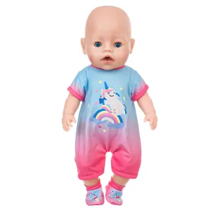 Doll clothes summer romper 43cm cute unicorn rainbow print baby doll outfit set