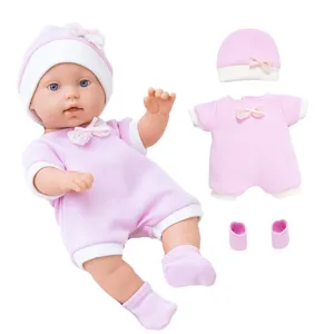 Details of 30cm reborn baby doll set featuring a cute pink romper, matching hat and shoes.