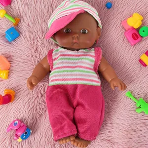 5.5 pulgadas muñeca bebé negra africana de vinilo reborn juguete sombrero y ropa set