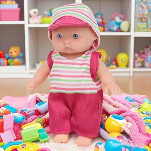 Detailed shot of cute baby doll in striped outfit with toy accessories in play setting.