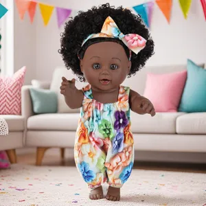 12-Inch Vinyl Soft Black Doll with Afro Hair and Colorful Floral Romper Toy for Kids Gift
