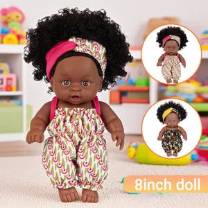 8-inch black baby doll with curly hair headband and cute romper toy for kids gift