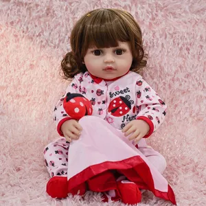 Reborn baby doll 45cm realistic vinyl doll cute pink ladybug clothes with soft plush blanket toy.