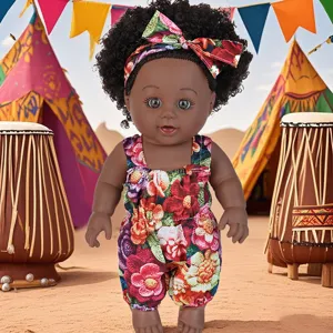 12-inch vinyl soft black baby doll with afro hair and colorful floral romper toy main image