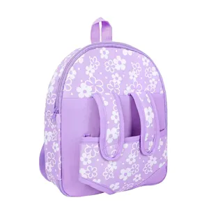 Piccolo zaino viola con stampa floreale in dettaglio, graziosa borsa scolastica per bambini.