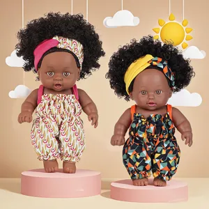 Cute 8 inch black baby doll vinyl reborn doll children toy gift for kids main view display.