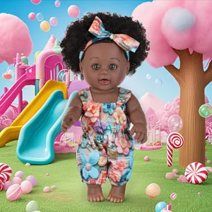 12-inch vinyl black doll with afro hair and cute floral jumpsuit toy for kids.