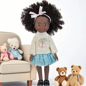 10 inch black baby doll curly hair vinyl doll cute knitted sweater plaid skirt toy