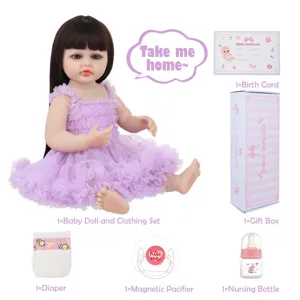 22 inch 55cm reborn baby doll set with purple dress, gift box, pacifier, and feeding bottle.