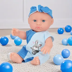Cute reborn baby doll with blue bunny romper and headband for kids playing and comforting.