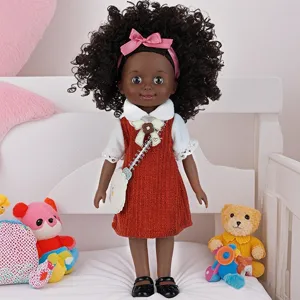 10 inch African black baby doll vinyl simulation infant toy with curly hair and cute dress