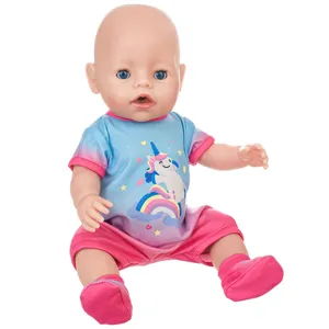 43cm baby doll cute summer outfit set with unicorn t-shirt and pink shorts for dolls.