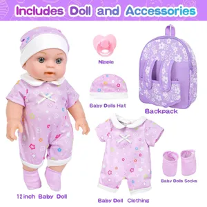 Reborn Babypuppe Mit Blumenrucksack Mode Anziehpuppe Set Mit Zubehör Für Kinder Rollenspiel Spielzeug Lila Blumenstil