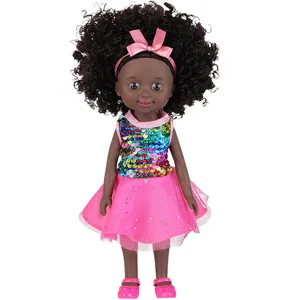 10 inch African black baby doll vinyl simulation reborn doll with curly hair and pink dress.