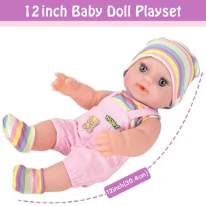 12 inch soft vinyl baby doll detail with cute rainbow outfit and matching hat for kids.