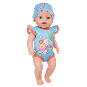 Cute 43cm baby doll summer outfit with blue cat cartoon print romper and matching hat.