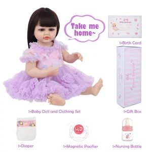 22 inch reborn baby doll set with silicone vinyl body, beautiful dress, pacifier and gift box.