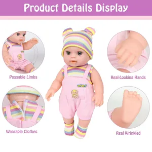 30cm reborn baby doll set with colorful stripe hat, cute pink overalls, and posable cute limbs.