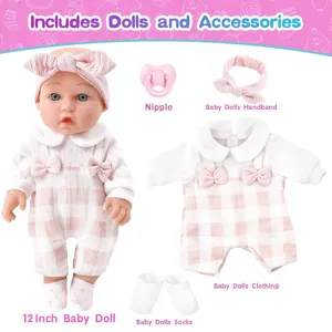 Realistische Reborn Babypuppe Vinyl Simulation Säuglingspuppe Mit Karomuster Kleidung Stirnband Schnuller Socken Zubehör Kinder Geschenk