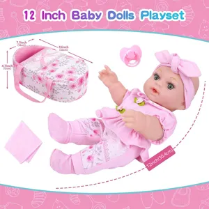 Detailed view of 12 inch baby doll playset with miniature bassinet, pacifier and cute accessories.