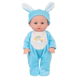Cute vinyl baby doll set with bunny ears hat and unicorn print cute plush toy for kids.