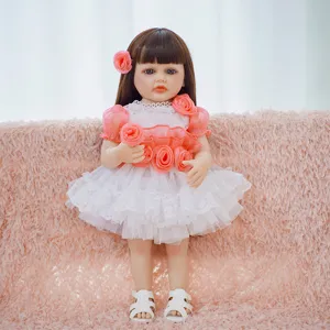 22 inch reborn baby doll silicone simulation infant toy with pink dress and white shoes