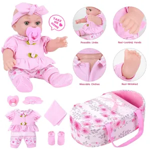 Realistic Vinyl Reborn Baby Doll Playset With Basket Cradle Infant Toy Set Pink Clothing Accessories Kids Gift