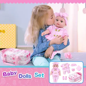 Cute 12 inch vinyl baby doll set with pink clothes, pacifier, and portable carrier bag.