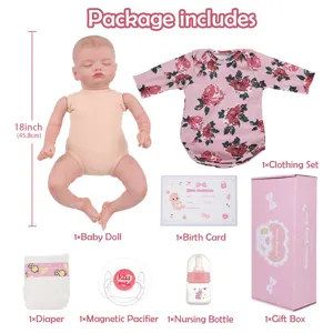 18-inch reborn baby doll set with clothing, diaper, pacifier, bottle, and gift box.