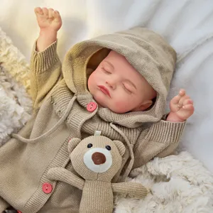 45cm realistic reborn baby doll vinyl sleeping infant in beige knit hoodie with cute bear.