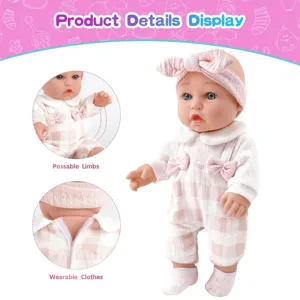 30cm Vinyl Reborn Baby Puppe Spielzeug mit rosa karierter Kleidung, beweglichen Gliedmaßen.