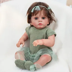 22 Inch Reborn Baby Doll Full Vinyl Silicone Lifelike Newborn Doll with Green Dress