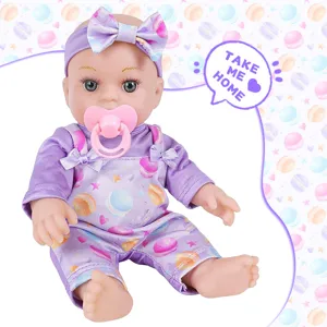 Cute Vinyl Reborn Baby Doll Simulation Newborn Baby Doll with Purple Romper Clothes Kids Companion Gift